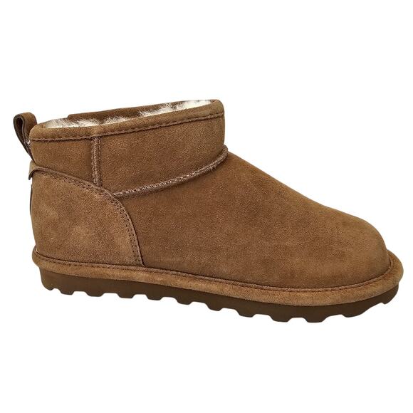 Bearpaw Shorty Brown Ankle Leather Bootie Suede Sheepskin Wool Lining Women's 9 - Picture 1 of 9